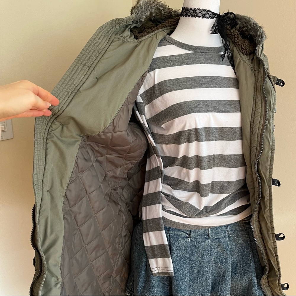 Vintage Y2K Bella Swan Green Fur Trim Military Cargo Parka Coat Jacket Hoodie M - Picture 8 of 14